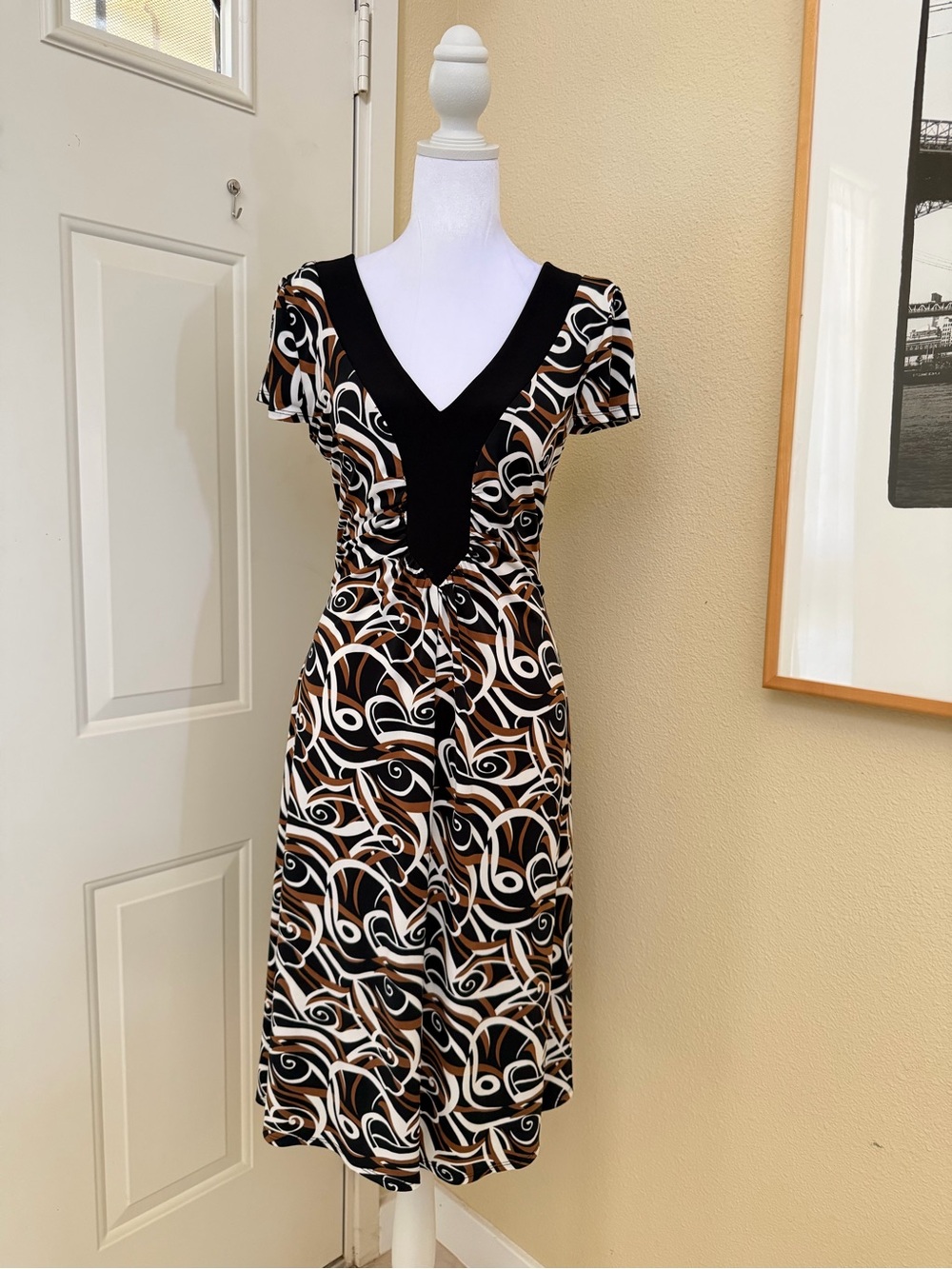 Vintage Scarlett Y2K V Neck Short Sleeve Brown/Black/White Midi Dress Size 8